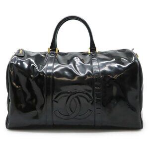 CHANEL Black Leather Logo Boston Bag